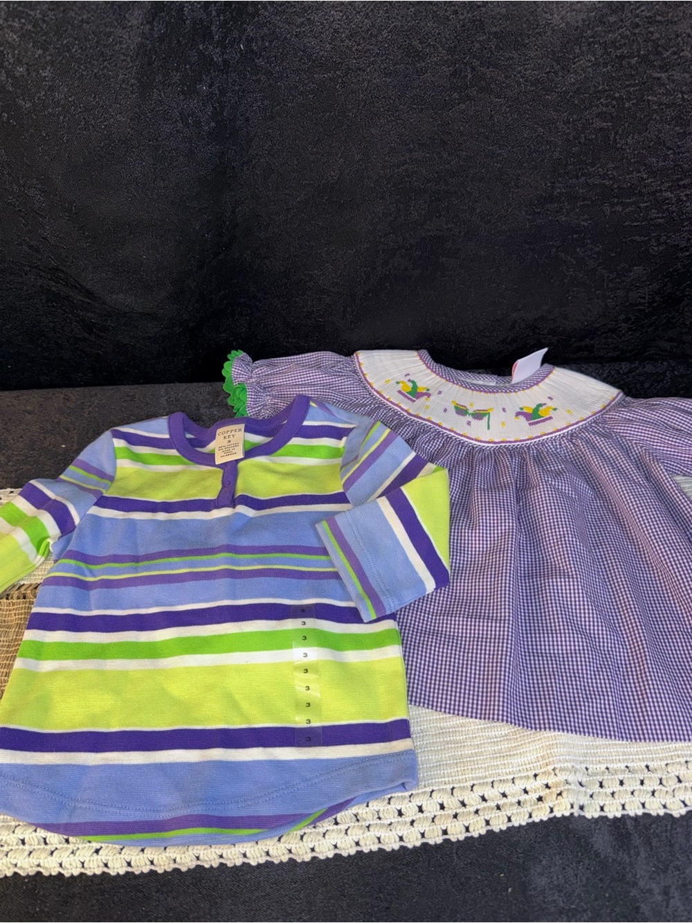 Girls' Purple & Green Striped Long-Sleeve Tee and Purple Gingham Smocked Top Set